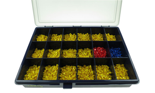 Organizér plastový 18-ti dílný s návlečkami PA 1 pro průřezy 1,5-4mm2 (znaky 0-9,L,N,R,S,T,-,+,-)