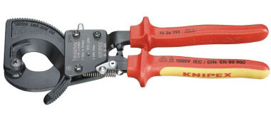 9536250 KNIPEX ráčnové nůžky na AL a CU kabely do průměru 32mm / 240mm2, izolované do 1000V