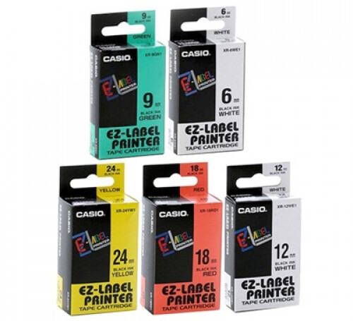 Páska CASIO kompatibilní plastová samolepicí šíře 6mm, černá na žlutém, návin 8m